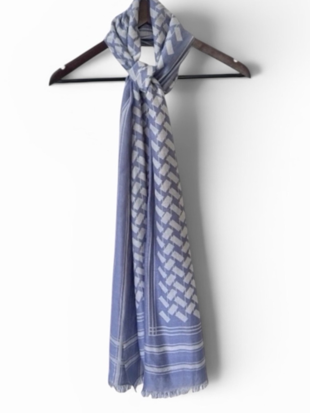 NEW Charlotte Kellogg Blue and Gray Geometric Print Cashmere Silk Large Scarf